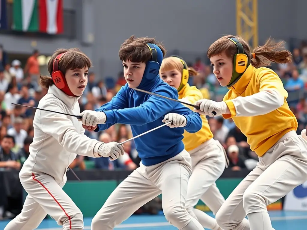 An image showcasing a fencing competition with young athletes from different countries competing, highlighting the intensity and excitement of the event.