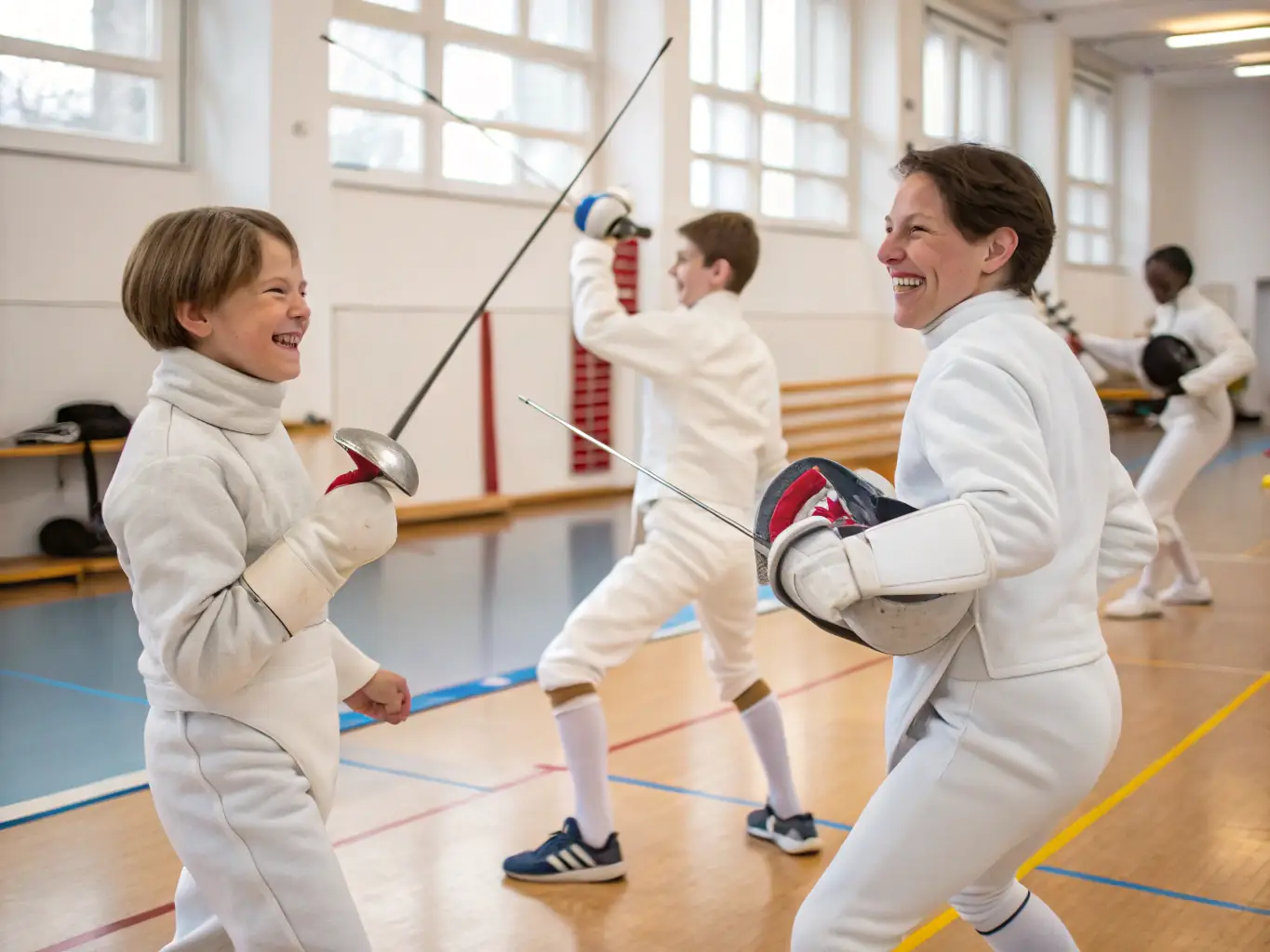 A picture of a group of young fencers participating in a fencing workshop, learning about the history, rules, and etiquette of the sport from experienced instructors.